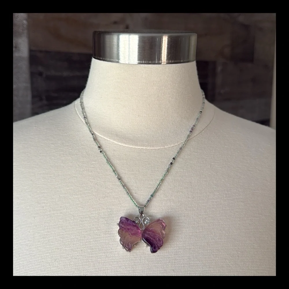Handmade fluorite gemstone beaded necklace butterfly 18 inch elegant festival